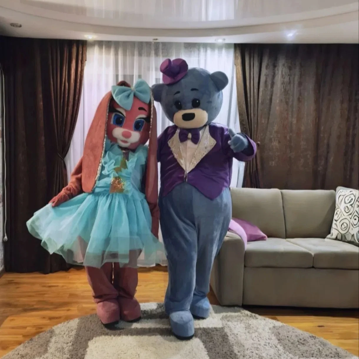 

Bunny Pink Rabbit Mascot Costume with Blue Dress Purple Suit Bear Birthday Wedding Role Play Outfits Halloween Rave Party Adults