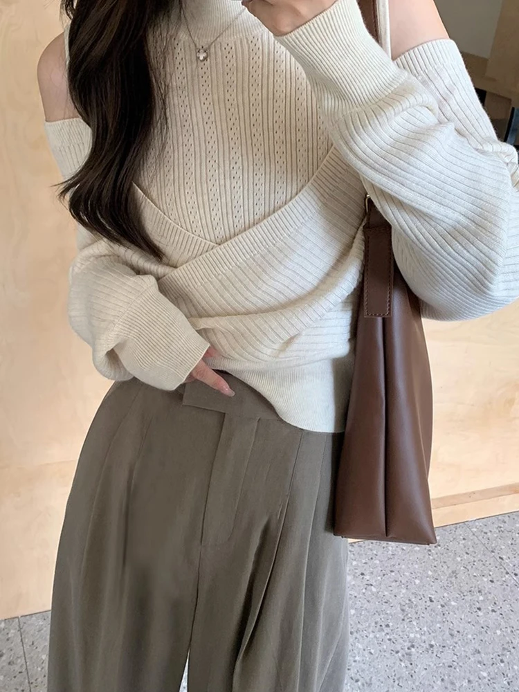 Mori Girl Fashion Spliced Knitted Sweater Off Shoulder Simple O-Neck Long Sleeve Female Pullovers Chic Streetwear Preppy Style