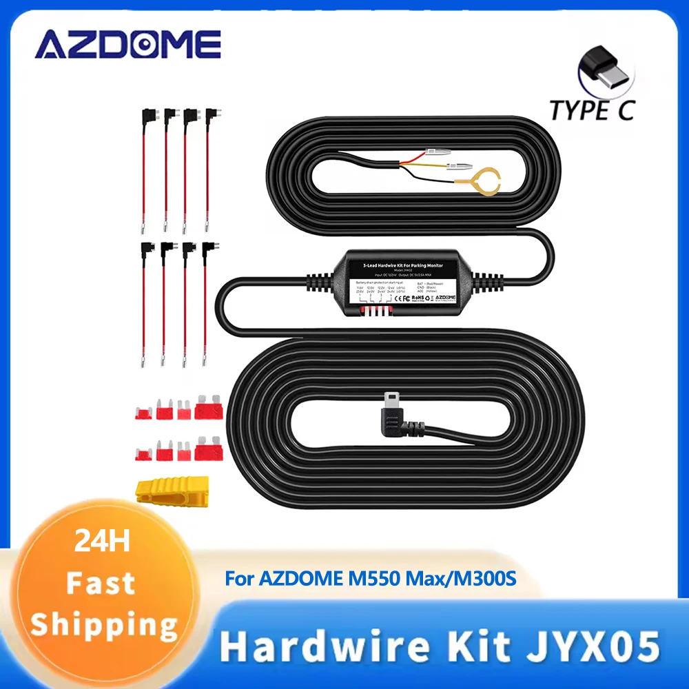 AZDOME 3-проводной комплект жесткого провода для обнаружения ACC, 5 В, 2,5 А, USB-зарядное устройство типа C для M550 Max/M550 Pro/M300S/M660, видеорегистратор, 24 часа, парковка
