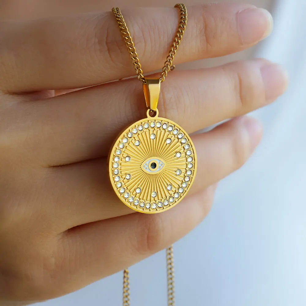 Zricon Round Evil Eye Necklaces For Women Gold Color Stainless Steel Geometric Pendant Choker Wedding Fashion Jewelry Gift BFF