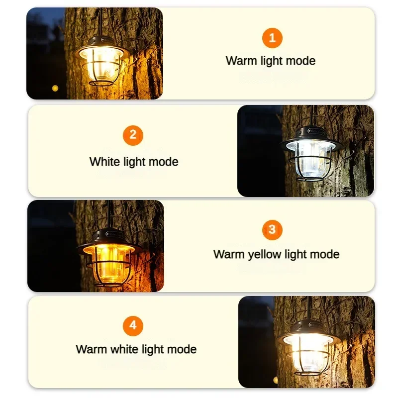 Retro Camping Omgevingslicht Type-C Oplaadbare Tent Licht 4 Verlichtingsmodi Traploos Dimmen Draagbare Outdoor Noodlamp