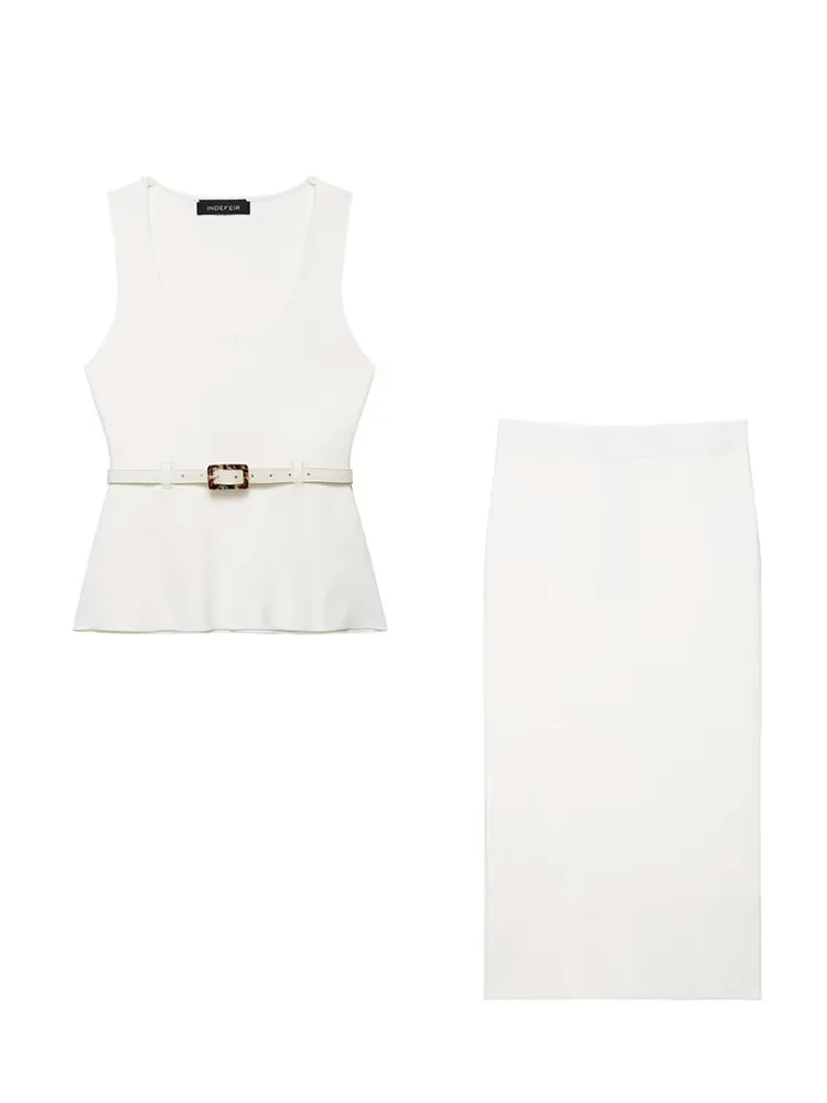 HH Set gonna lavorata a maglia da donna Chic O-Collo senza maniche Decorazione cintura Canotta solida Top + Gonna longuette con spacco sull'orlo elastico in vita alla moda
