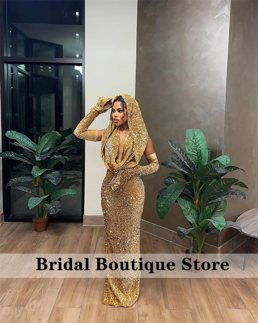 Gold Mermaid Prom Dresses 2025 With Cape Black Girls Evening Gown Wedding Party Birthday Gown With Gloves Customized