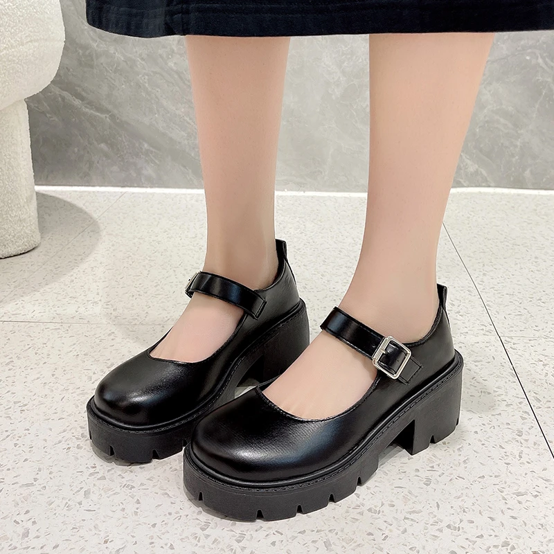 Women Pumps Fashion Round Head Thick Heel Mary Janes Shoes Women Comfortable Retro One-line Buckle Platform Lolita Shoes Women