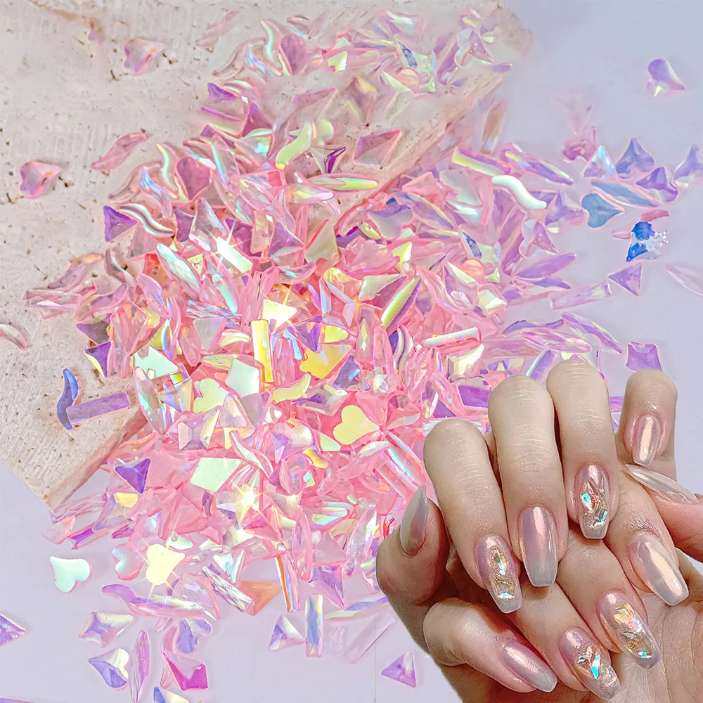 100Pcs Pink Aurora Crystal Nail Charms - 3D Resin Mixed-Shape Flatback Glitter Jewelry Gems Stone Manicure DIY Craft Decorations