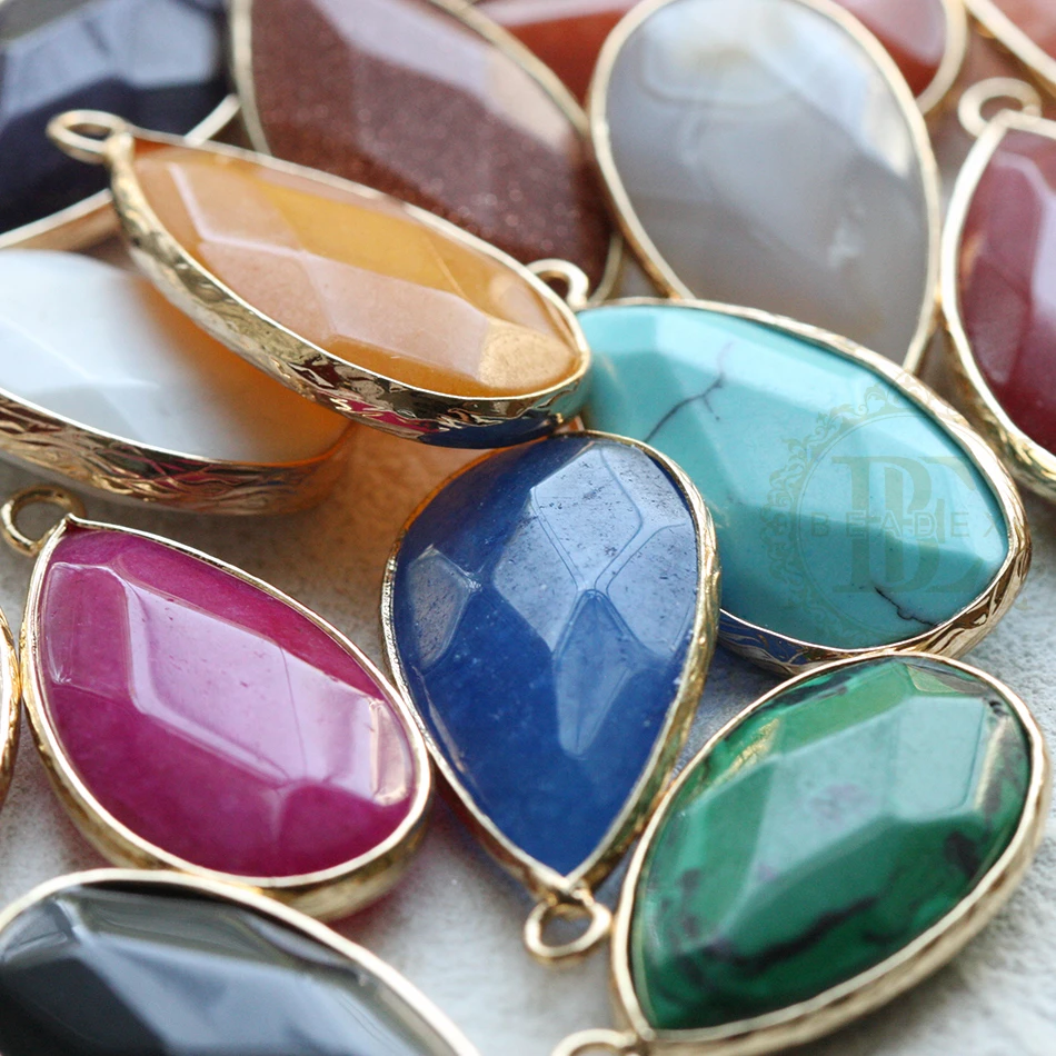 One Piece Semi Precious Stone - Plated Framed Stone Beads - Faceted Teardrop 33x16mm(G443-1)