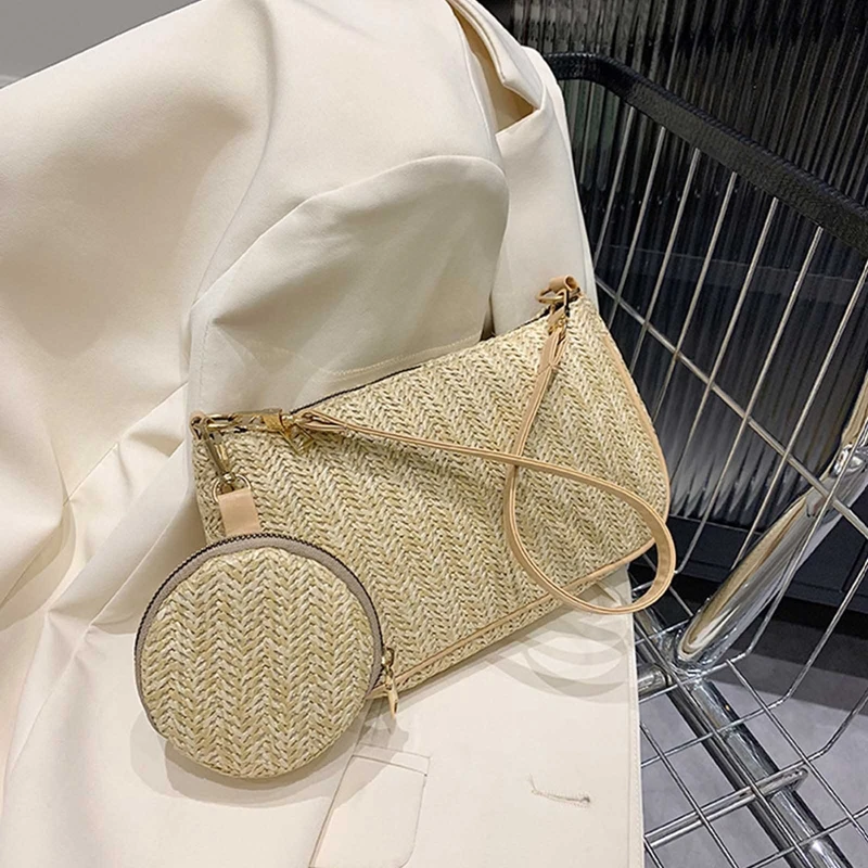 Straw Bags Purse Set Summer Women Tote Bags Handbags with Removable Purse Pendant Weave Drawstring Closure Beach Shoulder Bag