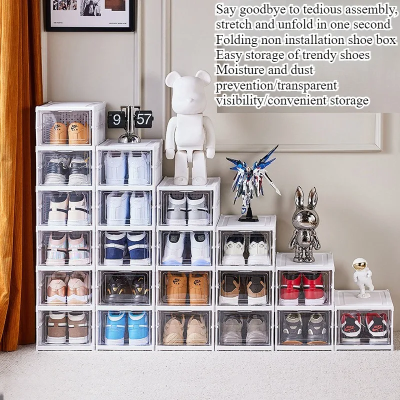 Stackable Shoe Organizer -Dustproof Storage Cabinet with Doors - Durable Plastic Boot and Accessory Rack