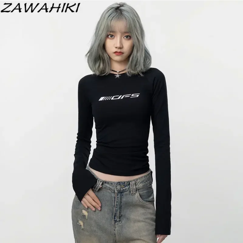 Chic Designed Letter Print Slim Y2K Long Sleeve Kpop Aesthetic T Shirt Women Fall Winter Sweet Fashion All Match Tops Mujer