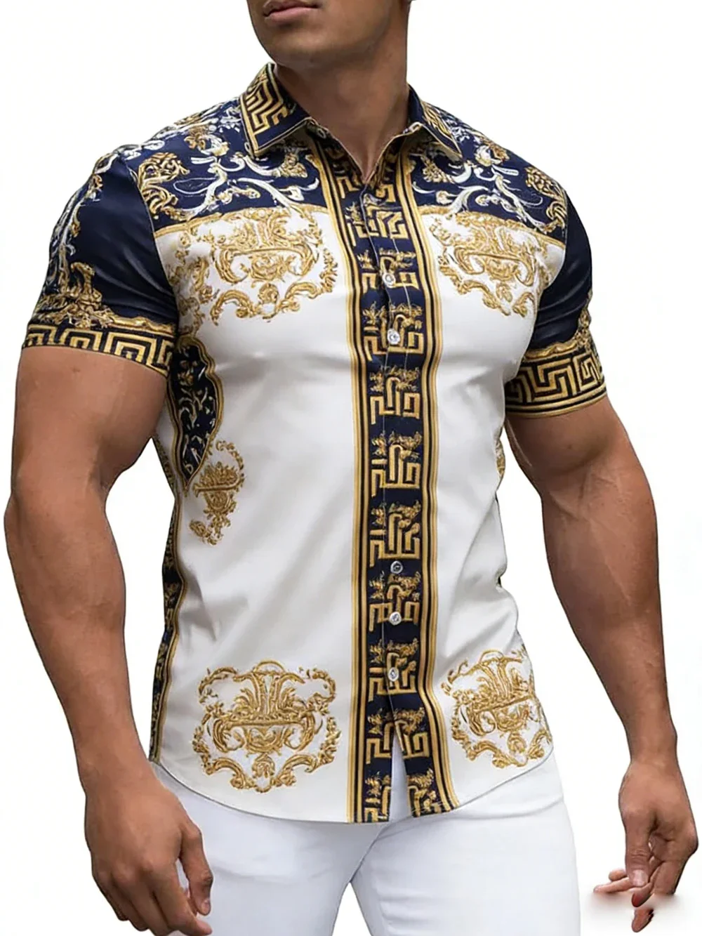 Men's European Retro Short-Sleeve Shirt Palace Classical High-Definition Printed Colorful Shirt Wedding Social Men's Clothing