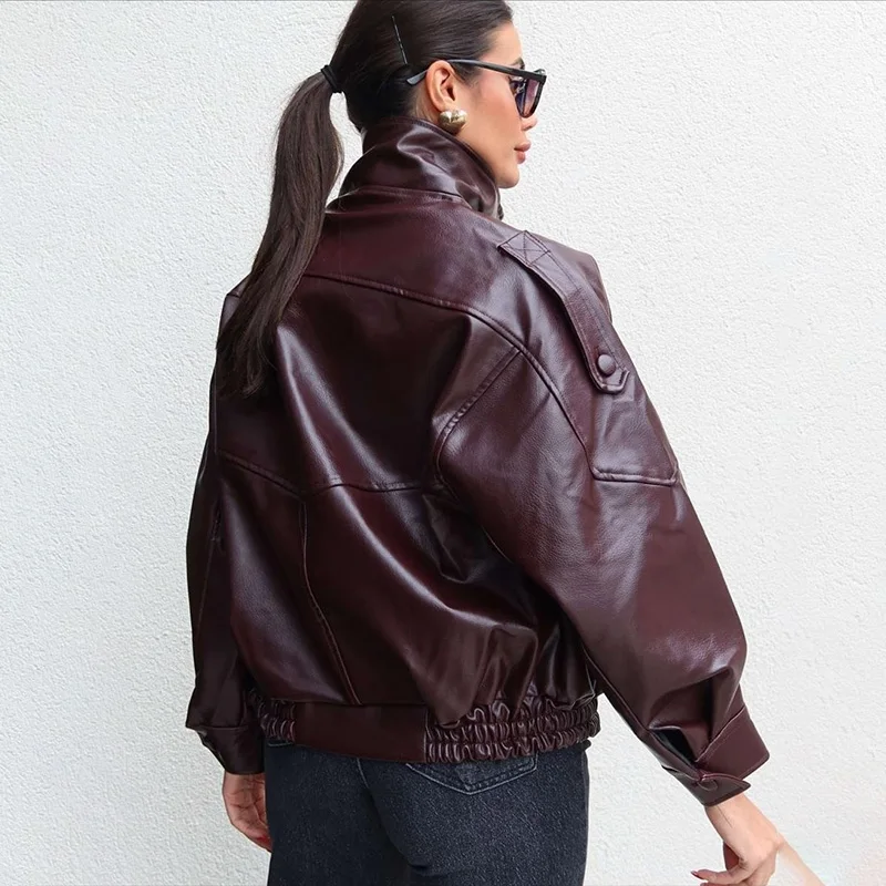 Ticketsx Fashion Leather Jackets Women Solid Lapel Button Zipper Patchwork Loose Coats Autumn Winter New Casual Streetwear Coats