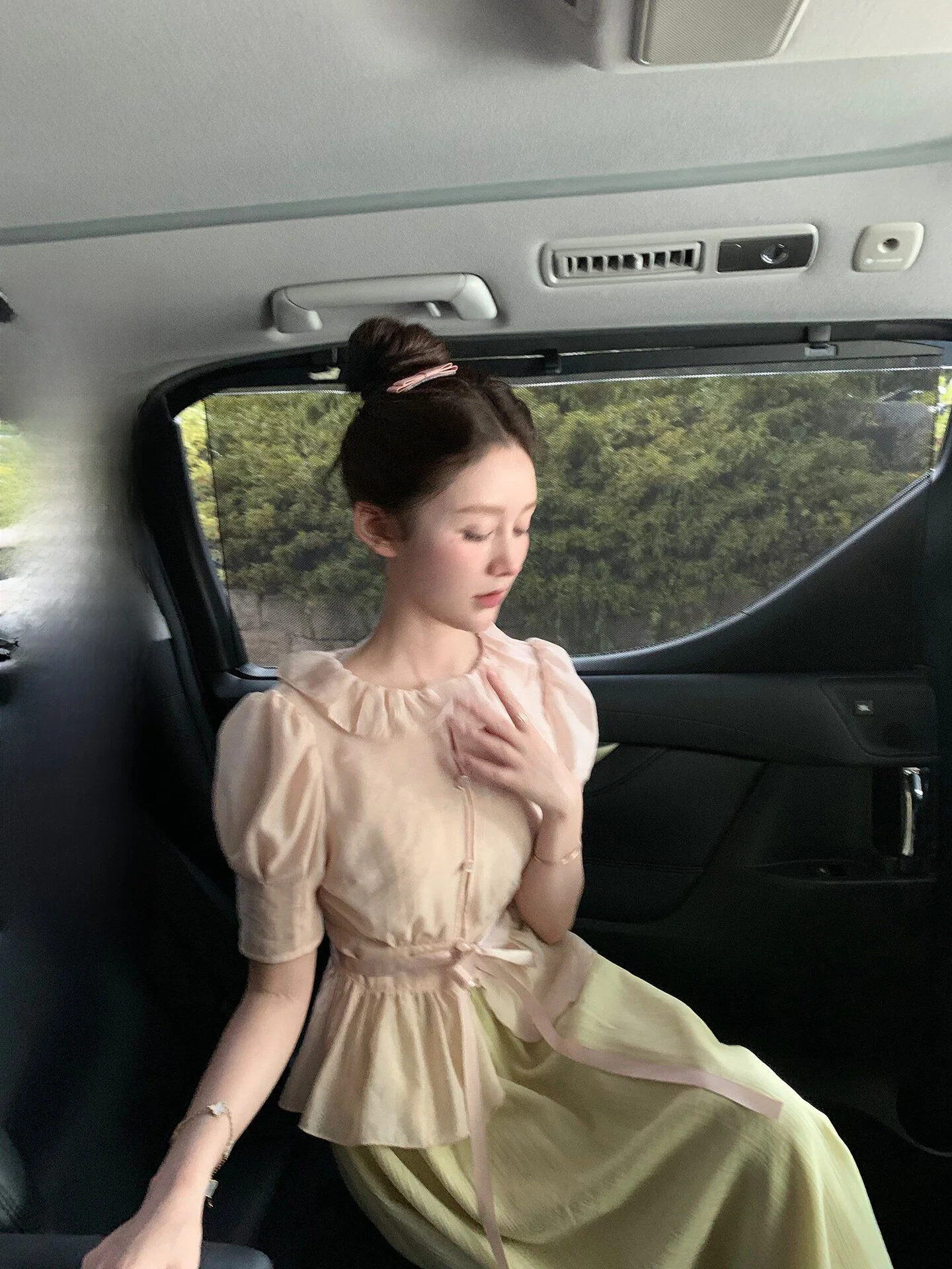 

Pink Floral Lace Collar Shirt And Tea Leaf Strap Dress Set Women's Summer Fashion Outfit Short Sleeve round Neck Elegant Style