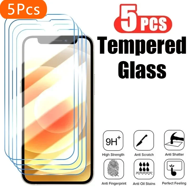 

5Pcs Tempered Glass for iPhone 14 13 12 11 15 Pro Max Mini Screen Protector XR X XS 7 8 Plus SE Protective