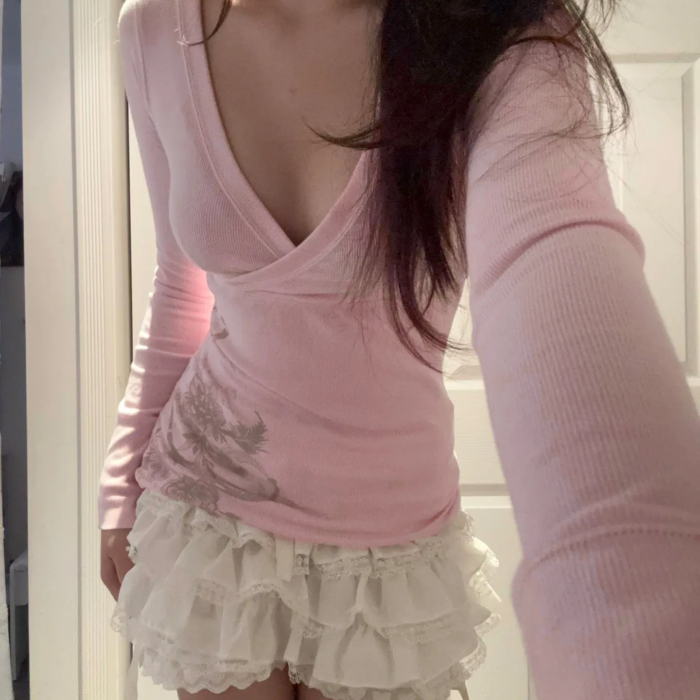 Roze Bloemenprint Vrouwen Fee Y2k T-shirt Coquette V-hals Lange Mouw Tees Herfst Lente Casual Truien Tops Vintage Kleding