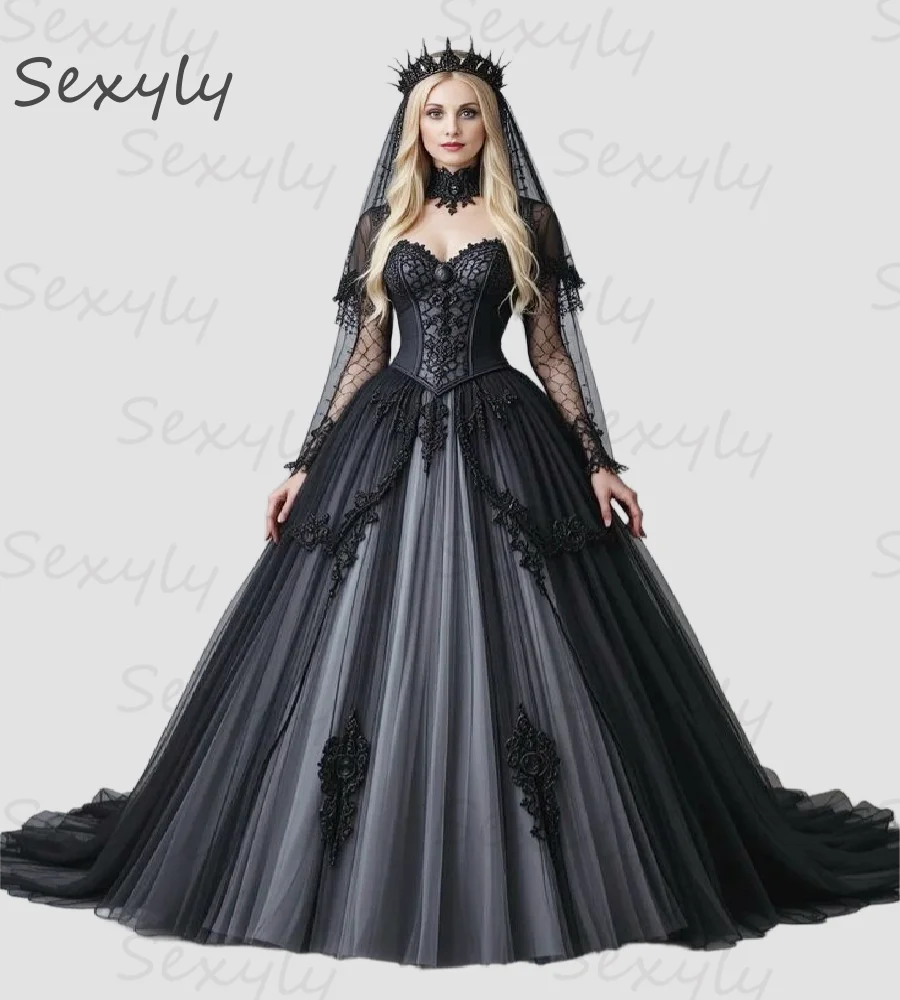 Enchanting Black Gothic Wedding Dress 2025 Appliques Lace Medieval Victorian Bridal Dress Tulle Medieval Renaissance Customized