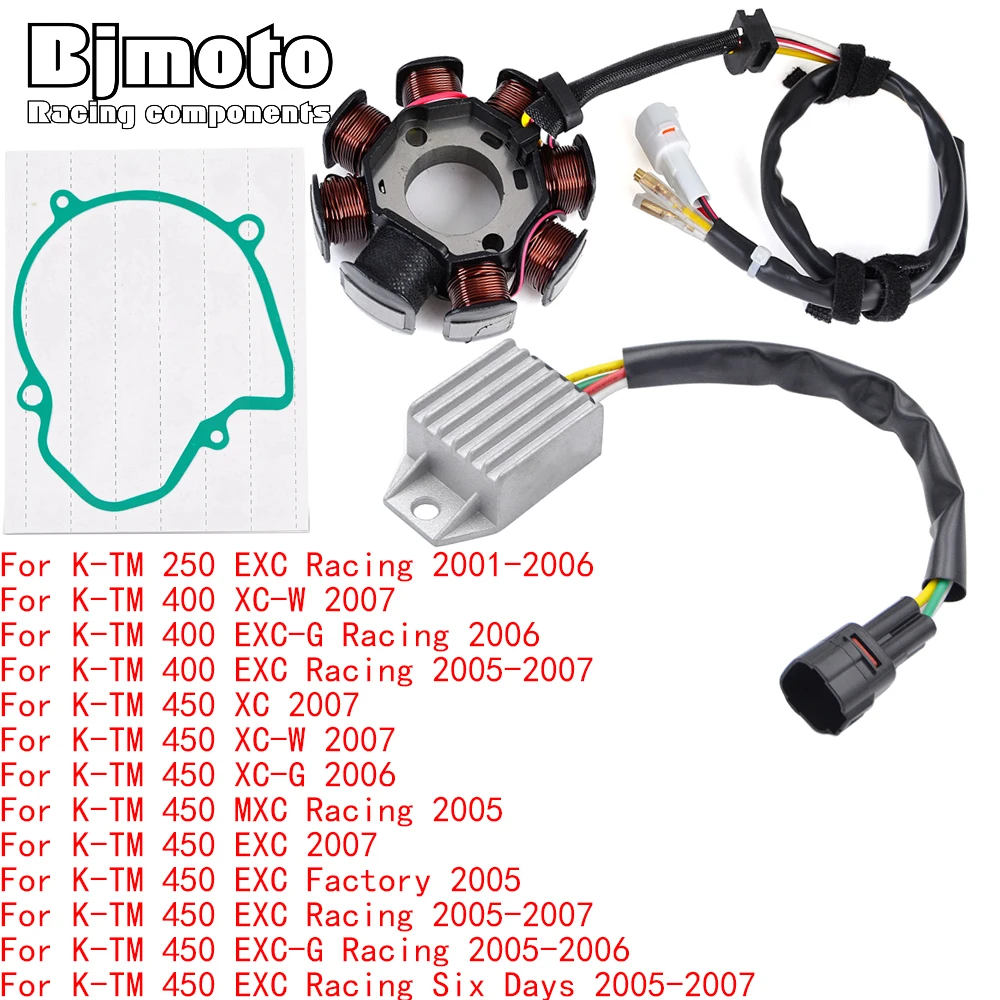 

For K-TM 450 525 EXC XC G Destrt Factory Racing Six Days 2005-2007 Engine Stator Coil+Voltage Regulator rectifier With Gasket