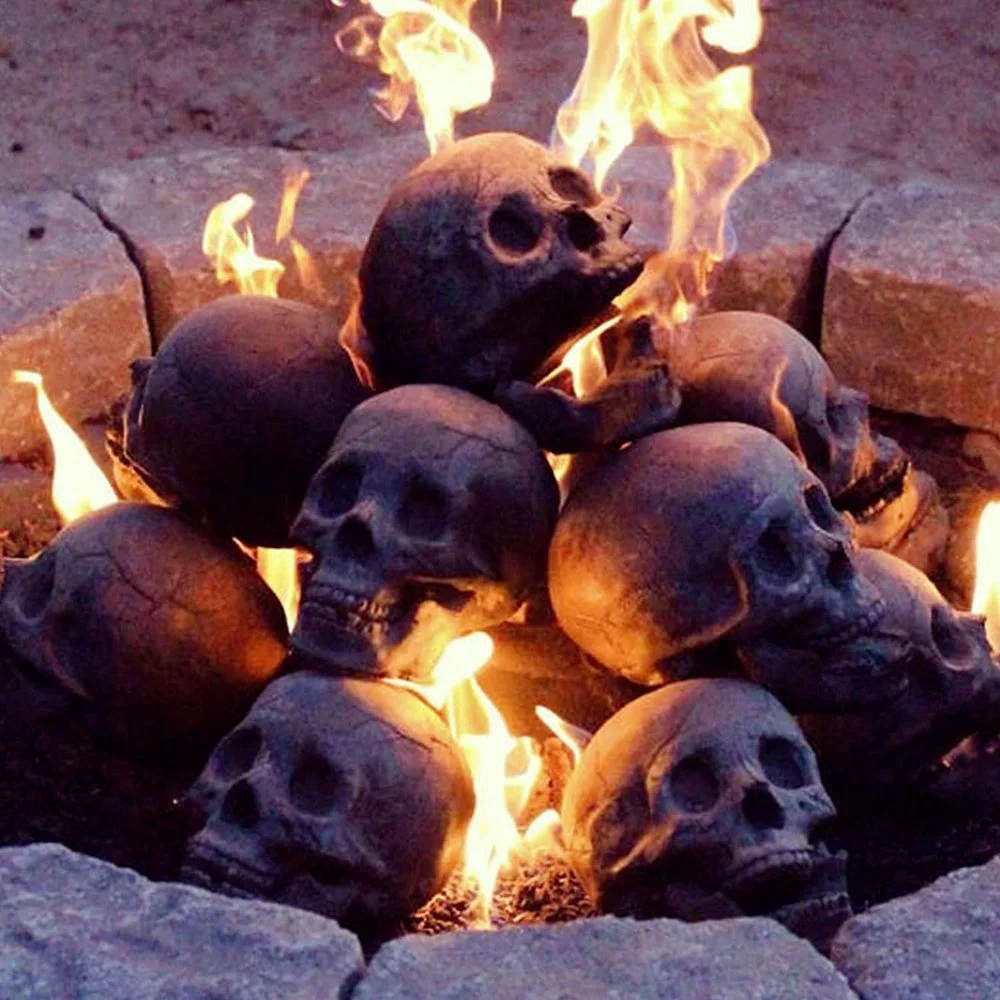 New Halloween Fire Pits Skull Decoration Simulation Reusable Ceramic Skeleton Flame Fireproof Resin for Bonfire Fireplace Stove