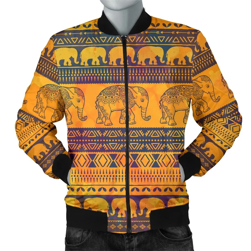 Vintage Men's Zip Up Jacket 3D Indian Elephant Graphic Print Bomber Jacket Oversized Men Clothing Harajuku Long Sleeve Men Coat