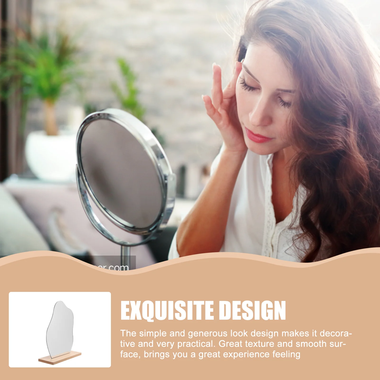 

Desktop Frameless Acrylic Makeup Mirror with Wooden Base Irregular Shape Stable Table Vanity Mirror Home Use
