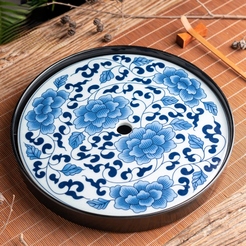 Round Blue and White Porcelain Coffee Tray Water Storage Tea Set Living Room Countertop Decoration Home Decor