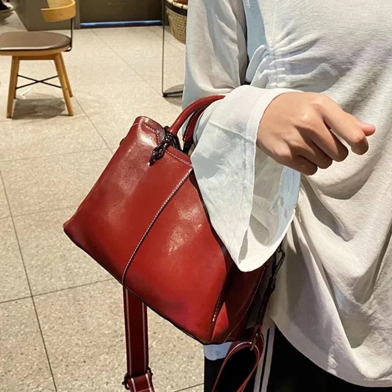 Bolso de mano de cuero genuino de estilo europeo americano para mujer, bolso de mano de cuero de vaca de lujo para mujer, bolso de mensajero de hombro Vintage para mujer