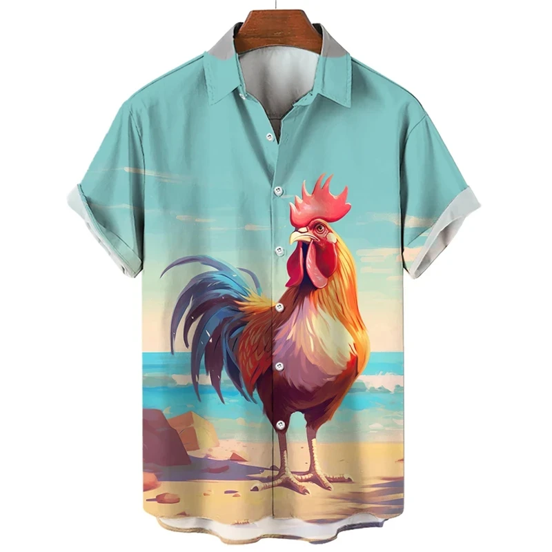 Men\'s Shirt Beach Rooster 3D Print Men\'s Clothing Oversized Summer Casual Hawaii Beach Hawaiian Harajuku Fashion Holiday Shirt