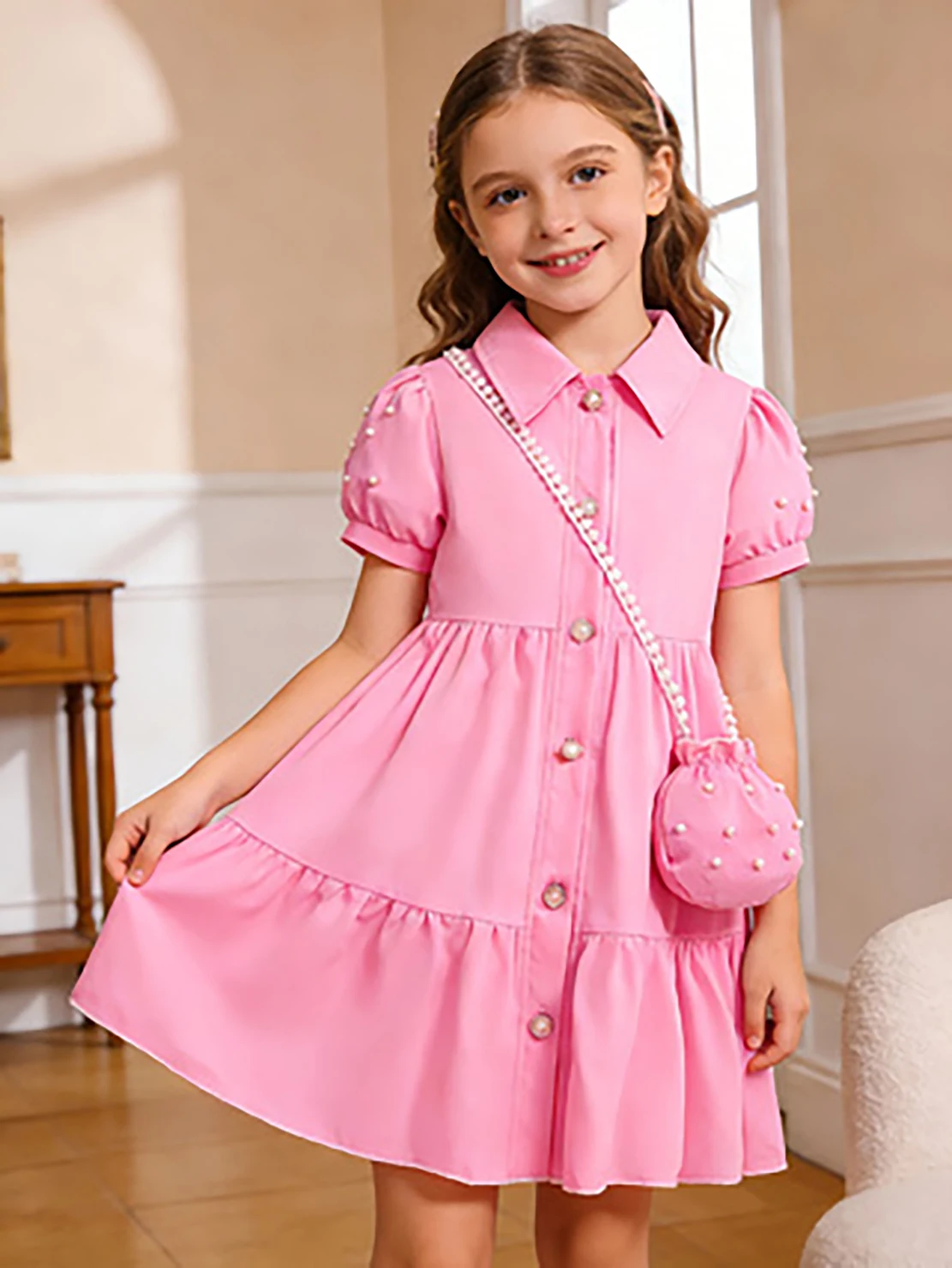 Elegantes Kinderkleid, Neues Sommer-Mädchenkleid im A-Linien-Schnitt mit Perlenverzierungen – Detail 1