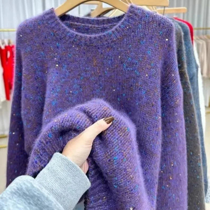 New Korean Fashion Sequin Cashmere Sweater Women Vintage O-Neck Long Sleeve Casual Loose Bottoming Knitted Pullover Top Female