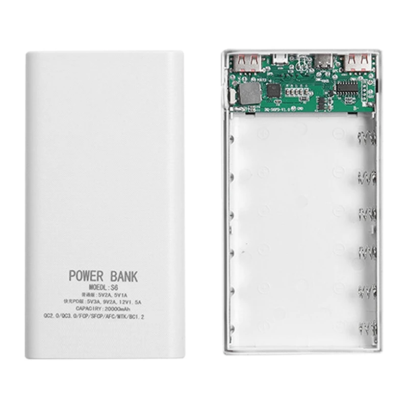 Hot 2X 18650 Battery Power Bank Box 5V 2.1A LCD Display 20000Mah Power Board For 6X18650 Battery DIY Powerbank Case(White)