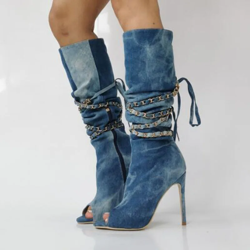 Blue Denim Metal Chain Cross Strap Knee High Sandals Boots Peep Toe Thin Heels Slip-On Lace Up Long Boots Party Shoes 47 Woman