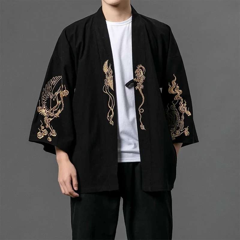 Quimonos japoneses tradicionais para homens, haori, loja chinesa online, Yukata, bordado preto, roupas asiáticas, cardigan, camisa, FF2803