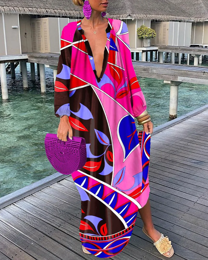 

Women's Dress 2024 Summer New Casual Fashion Tropical Abstract Print Deep V-Neck Loose Long Dress Elegant Vacation Style