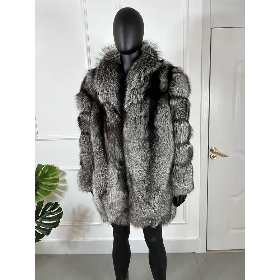 Winter Coat Men Real Sliver Fox Fur Jacket Long Fur Outwear Stand Collar High Quality Warm Real Fur Coat