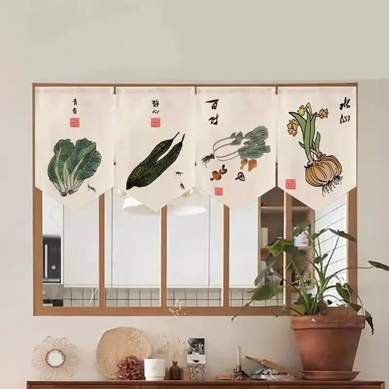 VIKAMA Chinese Style Ink Triangle Hanging Flag Short Curtain Tea Room Kitchen Bedroom Decoration Hanging Flag Curtain