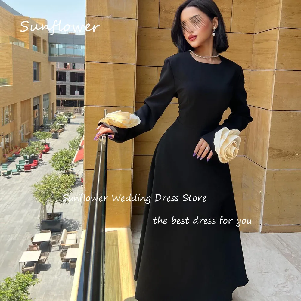 Sunflower Black 3D Flowers O-Neck Mermaid 2024 Slim Crepe Long Sleeve Ocassion Gown Floor-Length Formal Evening Dress