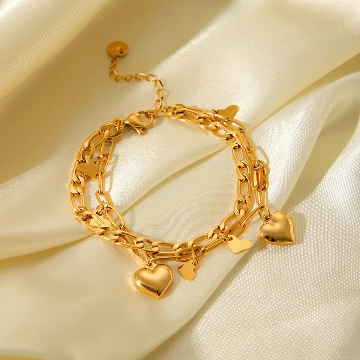 Trendy style double-layer stackable bracelet for women, fashionable unique heart titanium steel chain jewelry