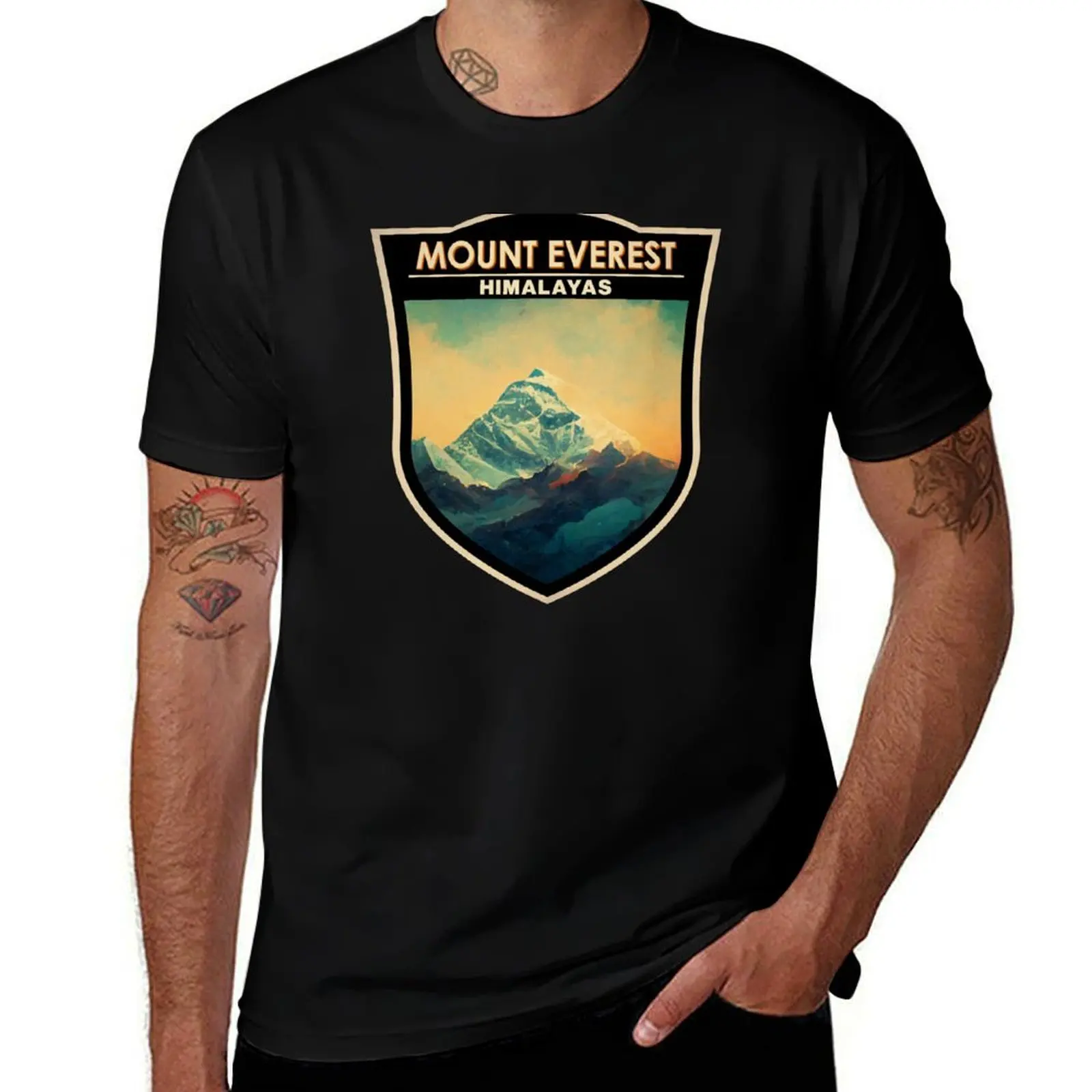 Mount Everest Himalayas Watercolor Badge T-Shirt man t shirts high quality luxury brand T-Shirt