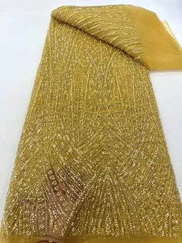 צהוב יוקרה אפריקאי כבד חרוזים 2024 פאייטים נייגריים באיכות גבוהה עם פנינה תחרה פנינה צרפתית לשמלה מפלגה לתפור