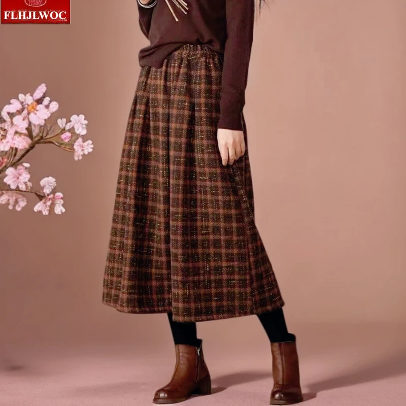 Art Mori Girls Woolen Skirts New 2025 Autumn Winter Basics Woman Cute Sweet Japanese Preppy Style Retro Vintage Long Plaid Skirt