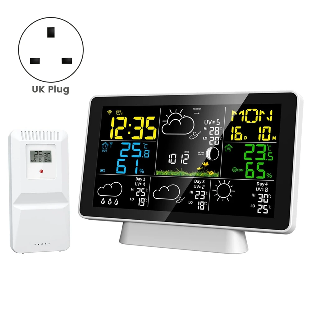 ABDE-Tuya Wifi Smart Weather Station สถานีตรวจอากาศอัจฉริยะเครื่องวัดอุณหภูมิไร้สายพร้อมจอแสดงผลสี 7.5 นิ้ว UK Plug