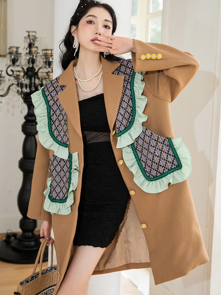 TPJB New Fake Two Piece Ruffled Windbreaker Coat For Women Vintage Long Sleeve Patchwork Trench Jacket Summer New Outwears