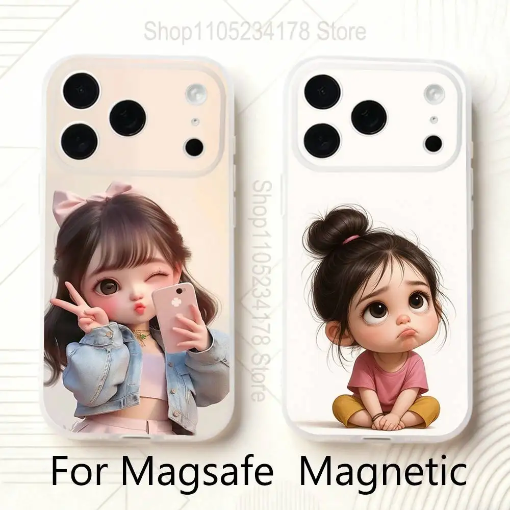 

Cartoon Cute Girl Frosted Clear Magnetic Phone Case for iPhone 17,16,15,14,13,12,11 Pro,Max,Plus,Mini,Air,E