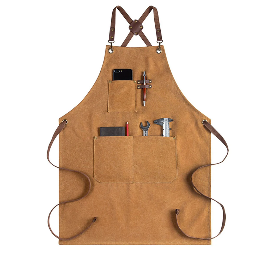 Thickened Canvas Waterproof Multi Pocket Apron With Cross Back Artisan Tool Apron Carpenter Coffee Shop Gardening Work Apron