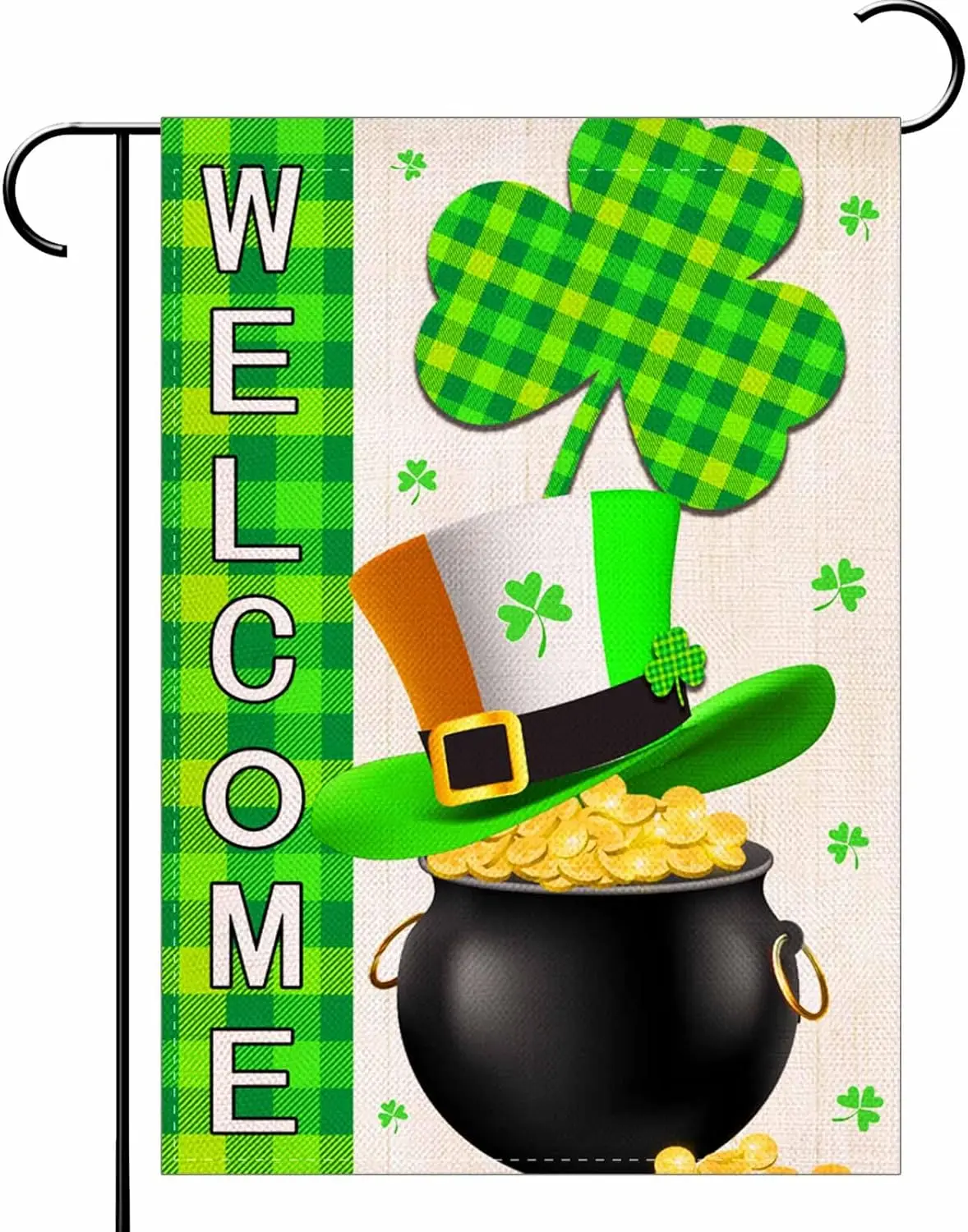 St Patricks Day Welcome Garden Flag,Green Shamrock Clover Garden Flag Luck Shamrock Buffalo Plaid Flag Irish Hat Double Sided Sp