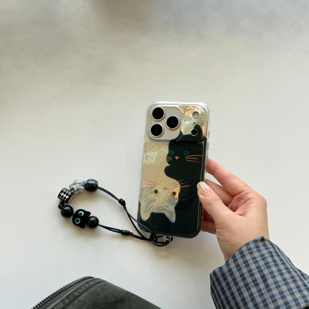 Cartoon Cute Black White Cats Wrinkled Texture With Lanyard Shock Proof Phone Cover Case for iPhone 17 16 15 14 13 Pro Max