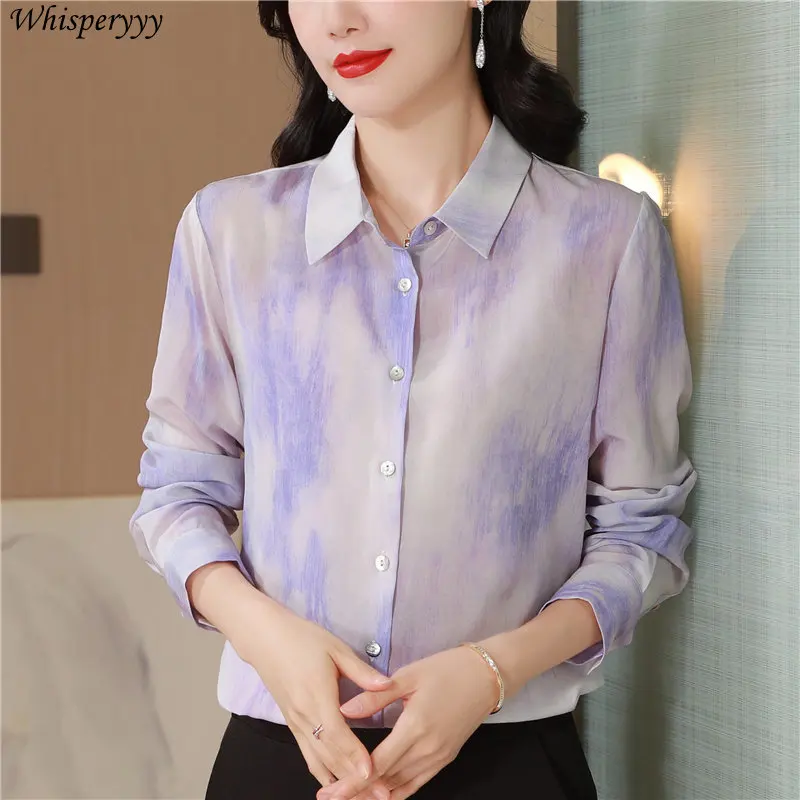 Gradual Blouse Change Lavender Color Women Tops French Printing Mulberry Silk Sand Lapel Long Sleeve Button Shirt Female