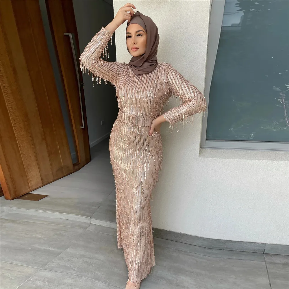 Luxury Sequin Evening Dress Party Maxi Dress Muslim Abaya Women Belted Dress Long Prom Dress Islamic Vestidos Dubai Wedding Gown