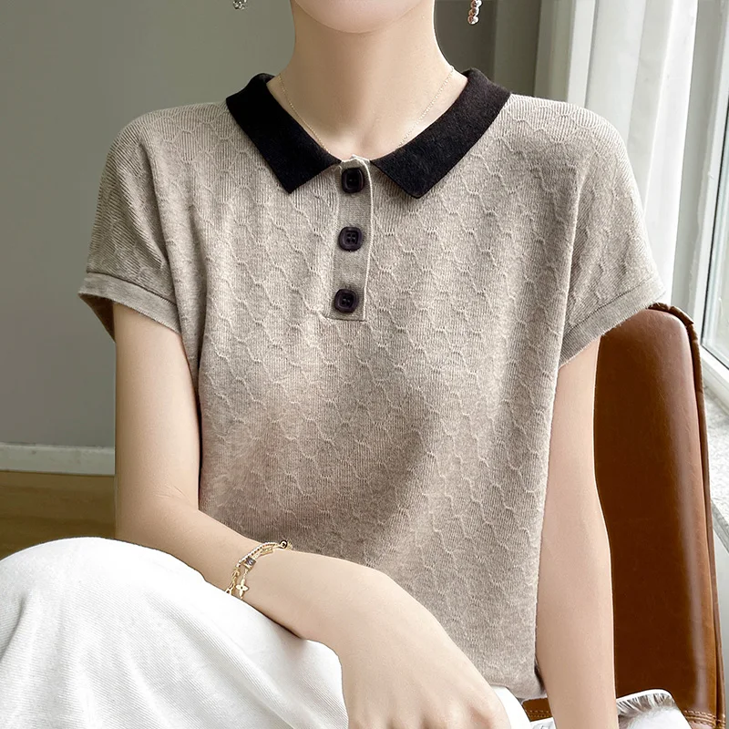 

Luxury ort Sve T-irt for Women Summer Ice Silk Knitted Top Slim Fit Design Sensation Thin Ice Silk Collared Design