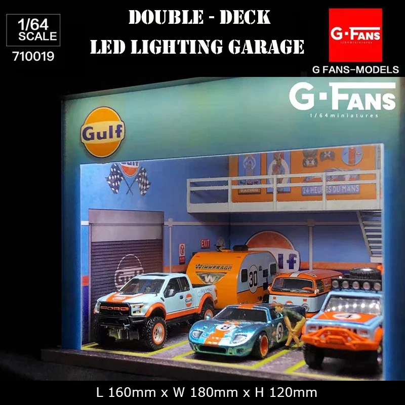 G-Fans 1:64 Assemble Diorama Double-Desk LED Lighting Garage Model Car Parking Lot Display - Gulf Version