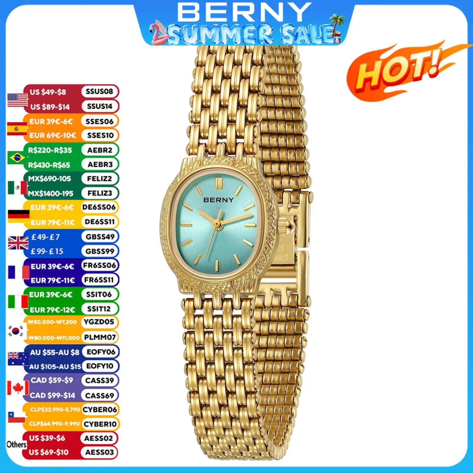 

BERNY Gold Women Watch Stainless Steel Comfort Refined Luxury Bracelet 3ATM Fashion Small Dial Original Wristwatch For Ladies